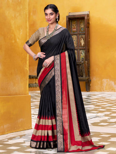 Artistic Black Poly Cotton Printed Casual Wear Saree With Blouse